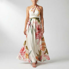 Floral Halter Maxi Dress with Twisted Neckline and A-Line Skirt