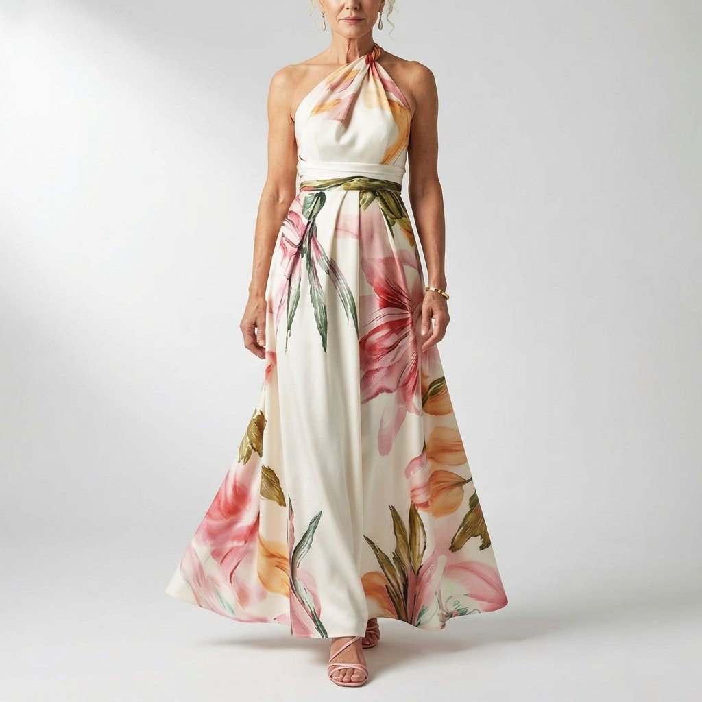 Floral Halter Maxi Dress with Twisted Neckline and A-Line Skirt