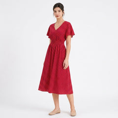Polka Dot Wrap Midi Dress with Flutter Sleeves and Smocked Waist