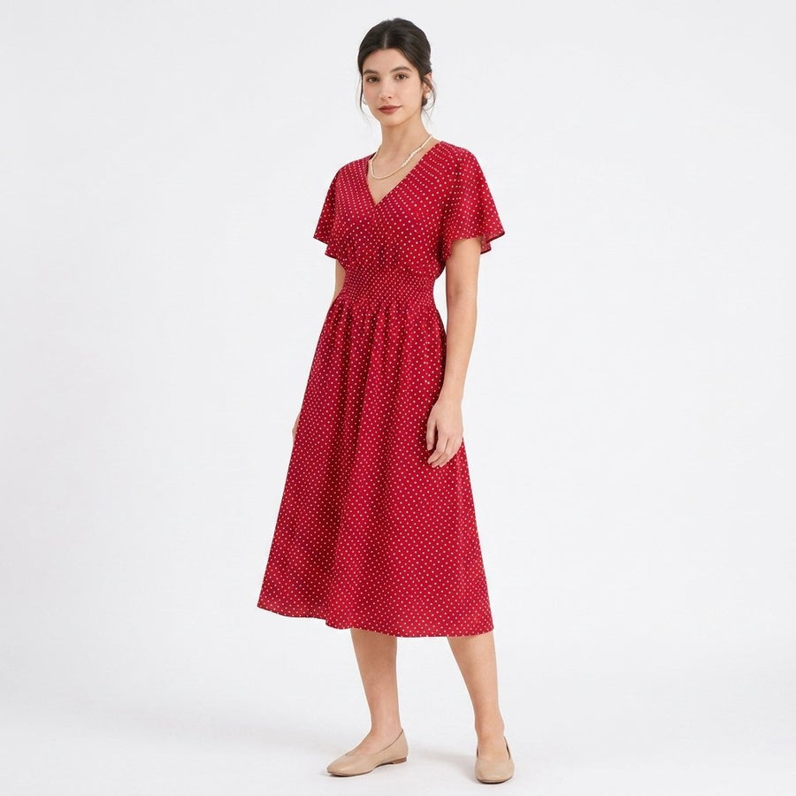 Polka Dot Wrap Midi Dress with Flutter Sleeves and Smocked Waist