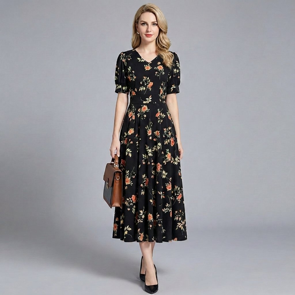 Women's Black Floral Midi Dress with V-Neck and Short Puff Sleeves
