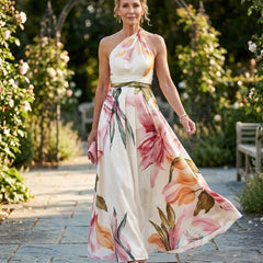 Floral Halter Maxi Dress with Twisted Neckline and A-Line Skirt