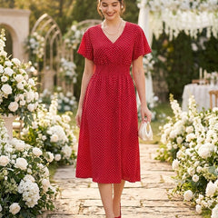 Polka Dot Wrap Midi Dress with Flutter Sleeves and Smocked Waist