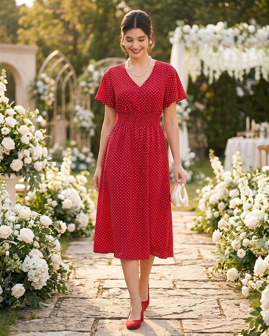 Polka Dot Wrap Midi Dress with Flutter Sleeves and Smocked Waist