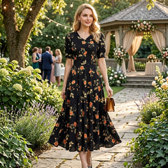Women's Black Floral Midi Dress with V-Neck and Short Puff Sleeves