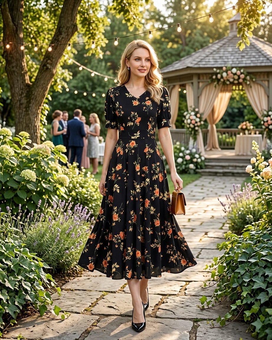 Women's Black Floral Midi Dress with V-Neck and Short Puff Sleeves