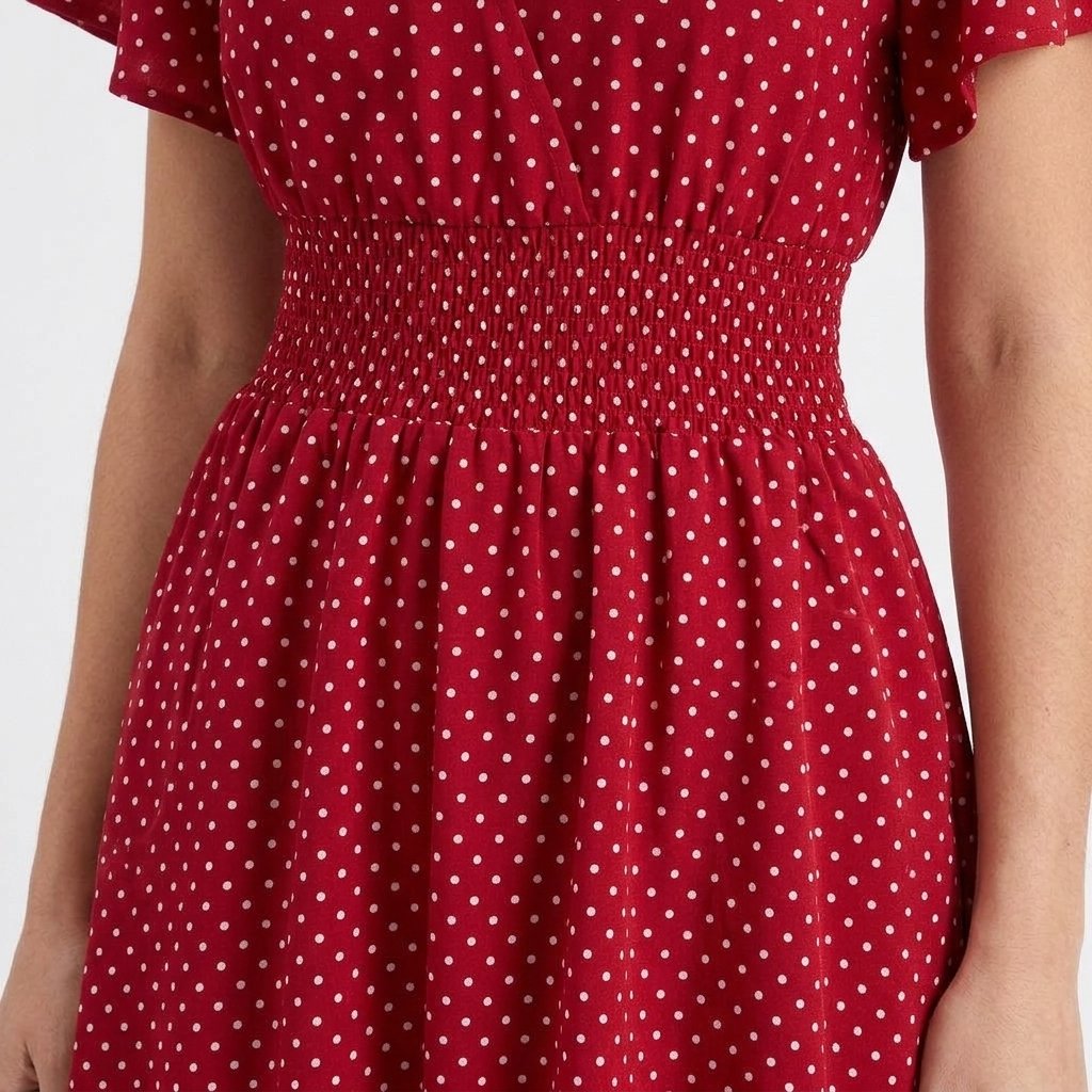 Polka Dot Wrap Midi Dress with Flutter Sleeves and Smocked Waist