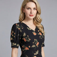 Women's Black Floral Midi Dress with V-Neck and Short Puff Sleeves
